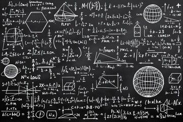 Mathematical equations and geometric shapes on a chalkboard.