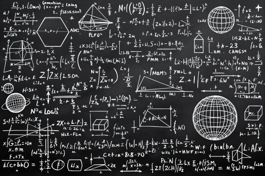 Mathematical equations and geometric shapes on a chalkboard. - Powered by Adobe