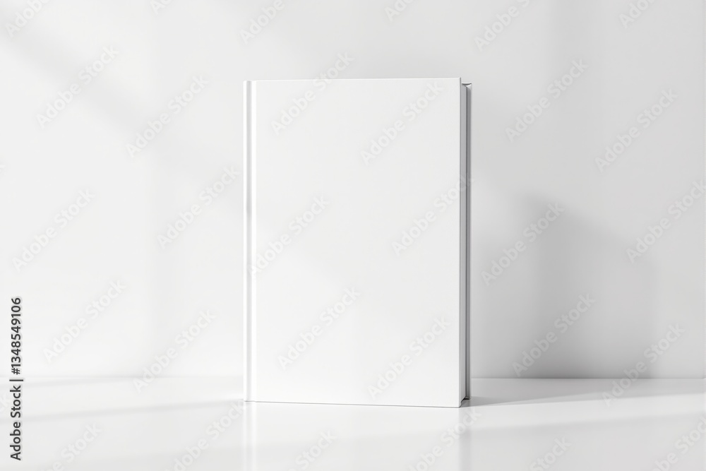 Aufkleber blank white book standing on a clean surface with soft shadows.