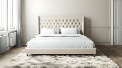 Bedroom bed with fluffy carpet, neutral tones, natural light, interior design