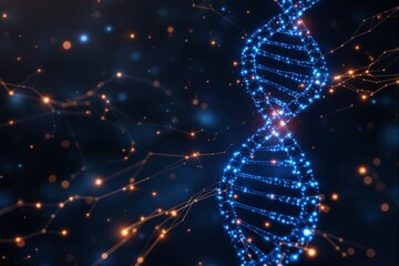 Glowing digital DNA strand with network connections.