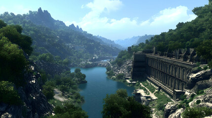 Fototapeta premium Panoramic View of Verdant Valley with River and Rocky Terrain Under Sunny Blue Sky