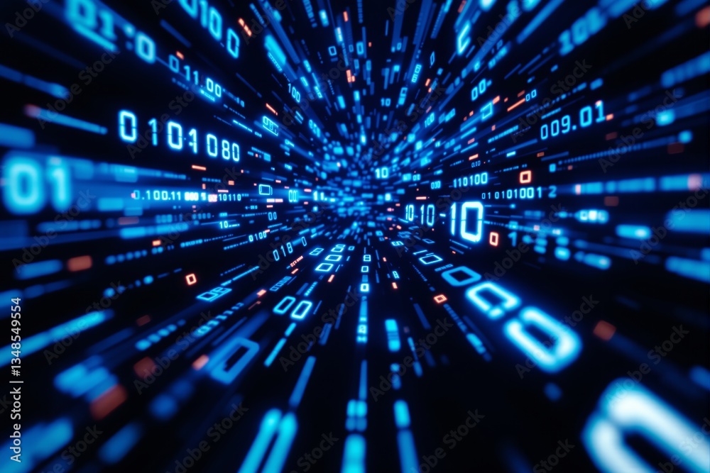 Poster Futuristic digital data stream with glowing binary code in motion.