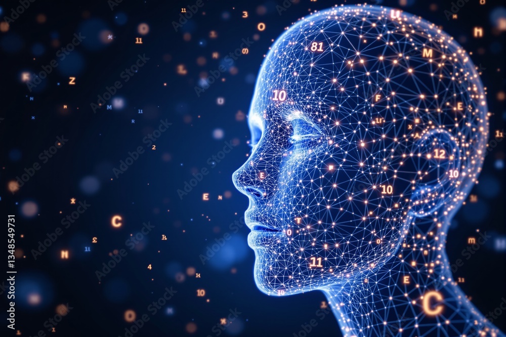 Poster Futuristic digital human head with glowing interconnected nodes and floating letters.