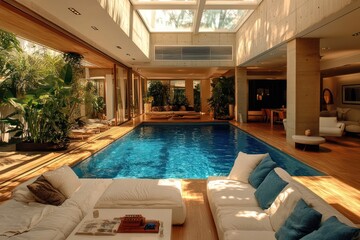 Obraz premium Modern Pool House Interior, Luxurious Living Area