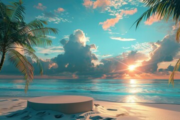 Summer Vacation Concept with Podium, Palm Trees, Blue Ocean, and Sunset Sky on Tropical Beach