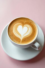 Close-up of heart pattern on latte art coffee in white cup on saucer, white, latte, valentine