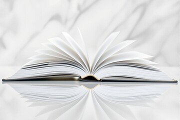 Fototapeta premium Open book with fanned pages on a reflective surface.