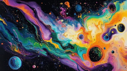 An abstract cosmic scene with colorful nebulae flowing in purple, blue, orange, and yellow, surrounded by various-sized planets and stardust, a deep black space background