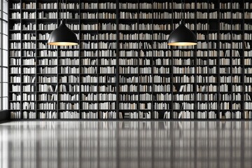 Modern library interior with tall bookshelves filled with monochrome books.