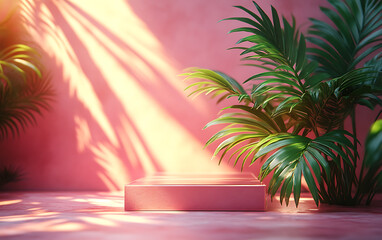 Minimal Acrylic Podium with Palm Leaf on Pastel Pink