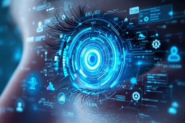 Futuristic digital eye interface with blue holographic HUD elements.