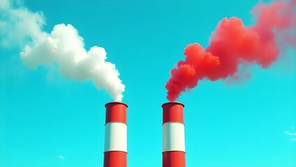 Skyward Plumes: Two Red and White Stacks Discharge Colored Smoke