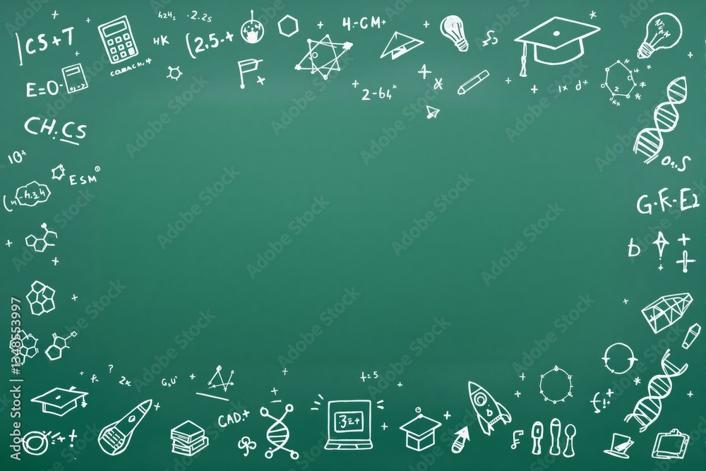 Poster green chalkboard with creative science doodles and mathematical formulas.