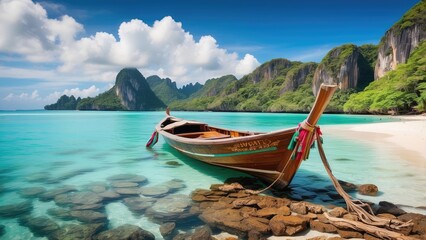 Fototapeta premium A wooden longtail boat with colorful decorations is docked at a wooden pier surrounded by turquoise waters.