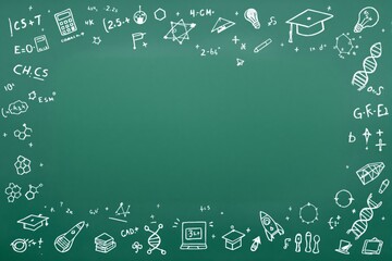 Green chalkboard with creative science doodles and mathematical formulas.