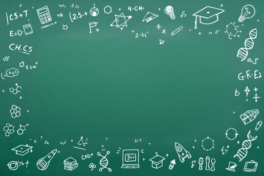 Green chalkboard with creative science doodles and mathematical formulas. - Powered by Adobe