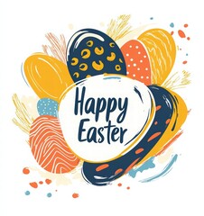 Happy Easter greeting with an Easter egg frame background. The design features abstract organic shapes, brush strokes, and pastel colors such as yellow, blue, and orange.
