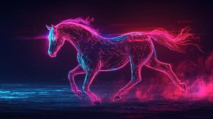 Fototapeta premium A neon magenta and blue horse running across a dark background