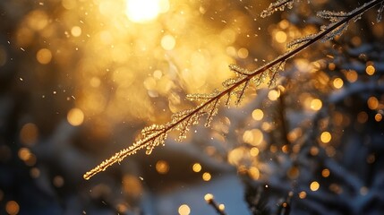 Frost-covered branches with sunlight streaming through, creating a golden glow, a blurred background with orange bokeh lights