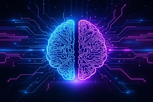 Futuristic digital brain with neon circuits, symbolizing artificial intelligence and technology.