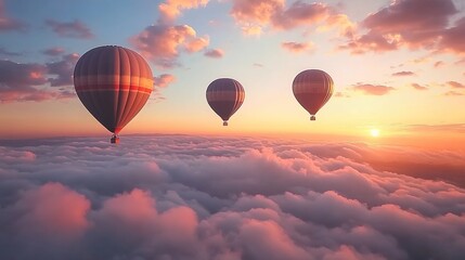 Obraz premium Hot air balloons floating above a sea of clouds during a golden sunset, with a sky filled with scattered clouds, warm sunlight illuminating the scene
