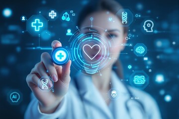 Futuristic healthcare technology concept with female doctor interacting with digital medical interface.