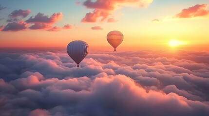 Hot air balloons floating above a sea of clouds during a golden sunset, with a sky filled with scattered clouds, warm sunlight illuminating the scene