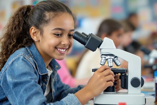 Young girl using a microscope in a science classroom.