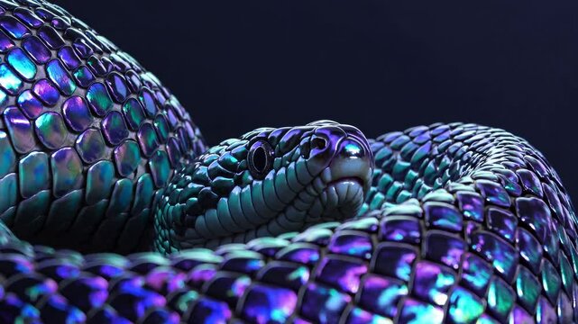 Close-up video shot of a snake with iridescent scales, showcasing a mesmerizing, vibrant texture against a dark background, from a low angle.