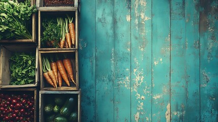 Fresh vegetables displayed in wooden crates against a rustic blue wall