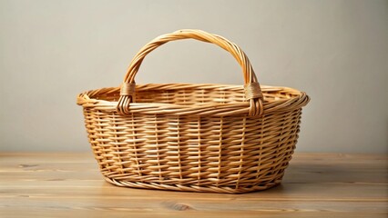 A delicately woven wicker basket with a sturdy handle sits empty on a light wood surface, ready for gathering