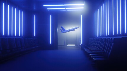 Neon-lit airport lounge with flying plane