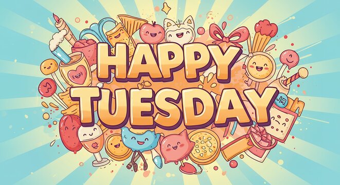 Cheerful and Colorful "Happy Tuesday" Illustration with Fun Elements