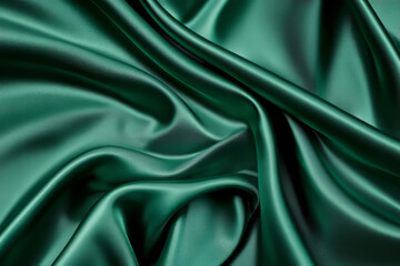 A luxurious satin fabric texture background in emerald green. The smooth, glossy surface reflects light beautifully, creating soft waves and elegant highlights. The flowing fabric exudes