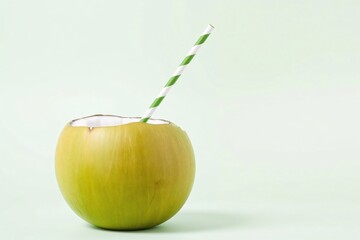 Fresh green coconut drink with striped paper straw and copy space background.