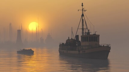 Obraz premium Misty Sunrise Harbor, Fishing Boat