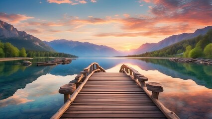 Obraz premium A serene mountain lake scene at sunrise or sunset.