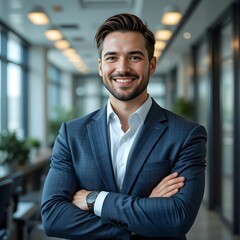 Hombre de negocios con los brazos cruzados en la oficina, hombre de negocios con poses y trajes confiables