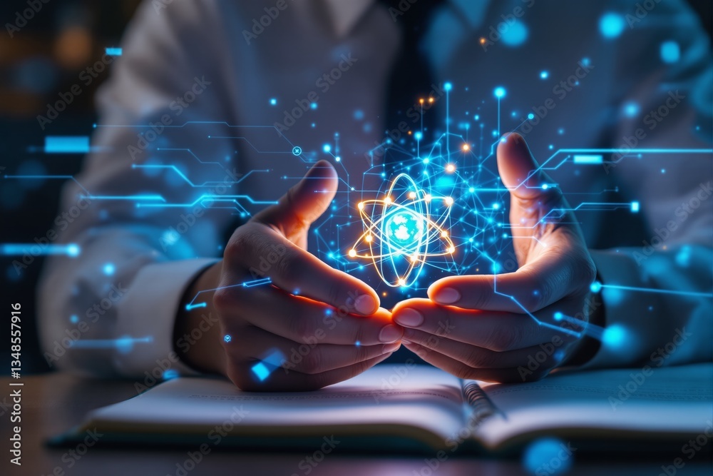 Poster hands holding glowing atomic structure above an open book.