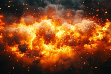 Fiery explosion with intense orange and yellow flames against a dark background. A dramatic and powerful image of destruction.