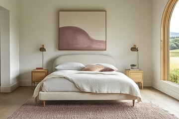 Bedroom with bed, artwork, bedside tables, and window to field. Interior design, lifestyle