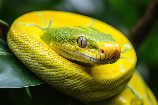 Vibrant Green and Yellow Python Coiled on a Leaf in a Lush Jungle