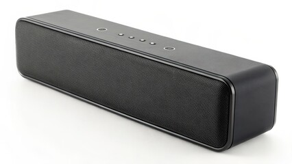 Fototapeta premium A modern black wireless Bluetooth speaker with a sleek design, featuring control buttons on top, isolated on a white background.