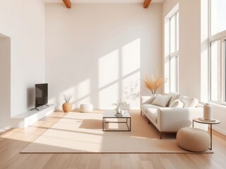 Fototapeta premium Modern minimalist living room interior design with beige sofa and large windows