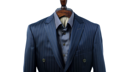 Elegant blue pinstripe suit and shirt on mannequin with transparent background