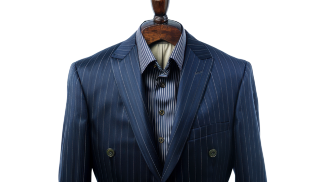 Elegant blue pinstripe suit and shirt on mannequin with transparent background