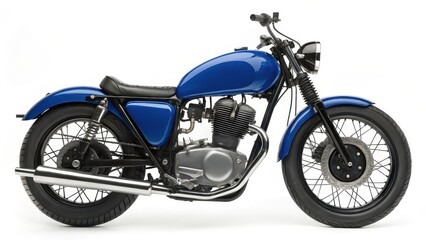 A beautifully restored classic blue vintage motorcycle with chrome accents, black leather seat, and a retro design, isolated on a white background.