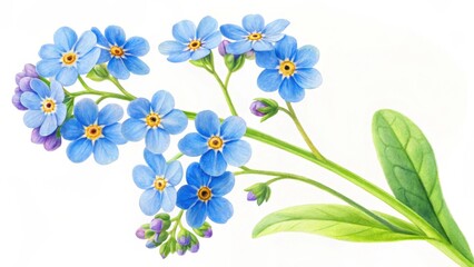 A delicate botanical illustration of forget-me-not flowers in vibrant blue with green leaves, showcasing intricate details, isolated on a white background.