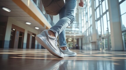 Close-up shot of person's legs wearing light grey sneakers walking through a modern building's bright hallway, concept for education, back to school, and campus life